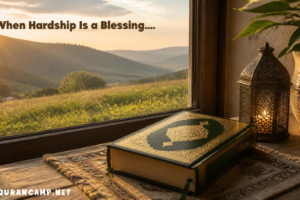 Hardship Is a Blessing in Islam A closed Quran beside a window overlooking a peaceful landscape, symbolizing patience, gratitude, and trust in Allah during hardship.