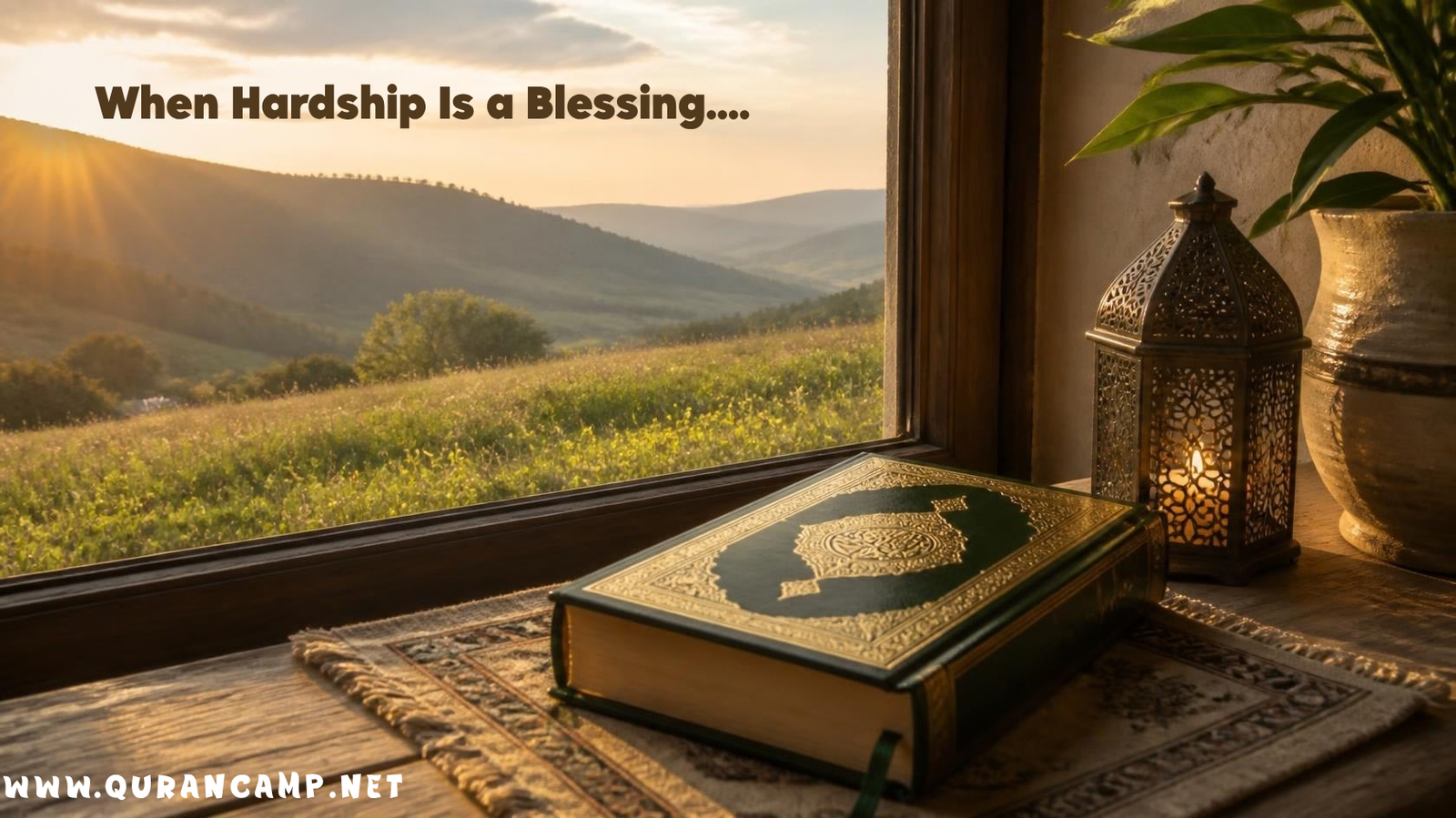 A closed Quran beside a window overlooking a peaceful landscape, symbolizing patience, gratitude, and trust in Allah during hardship.