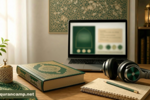 choose-online-quran-teacher-for-your-child.jpg A Quran and laptop representing online Quran learning for children