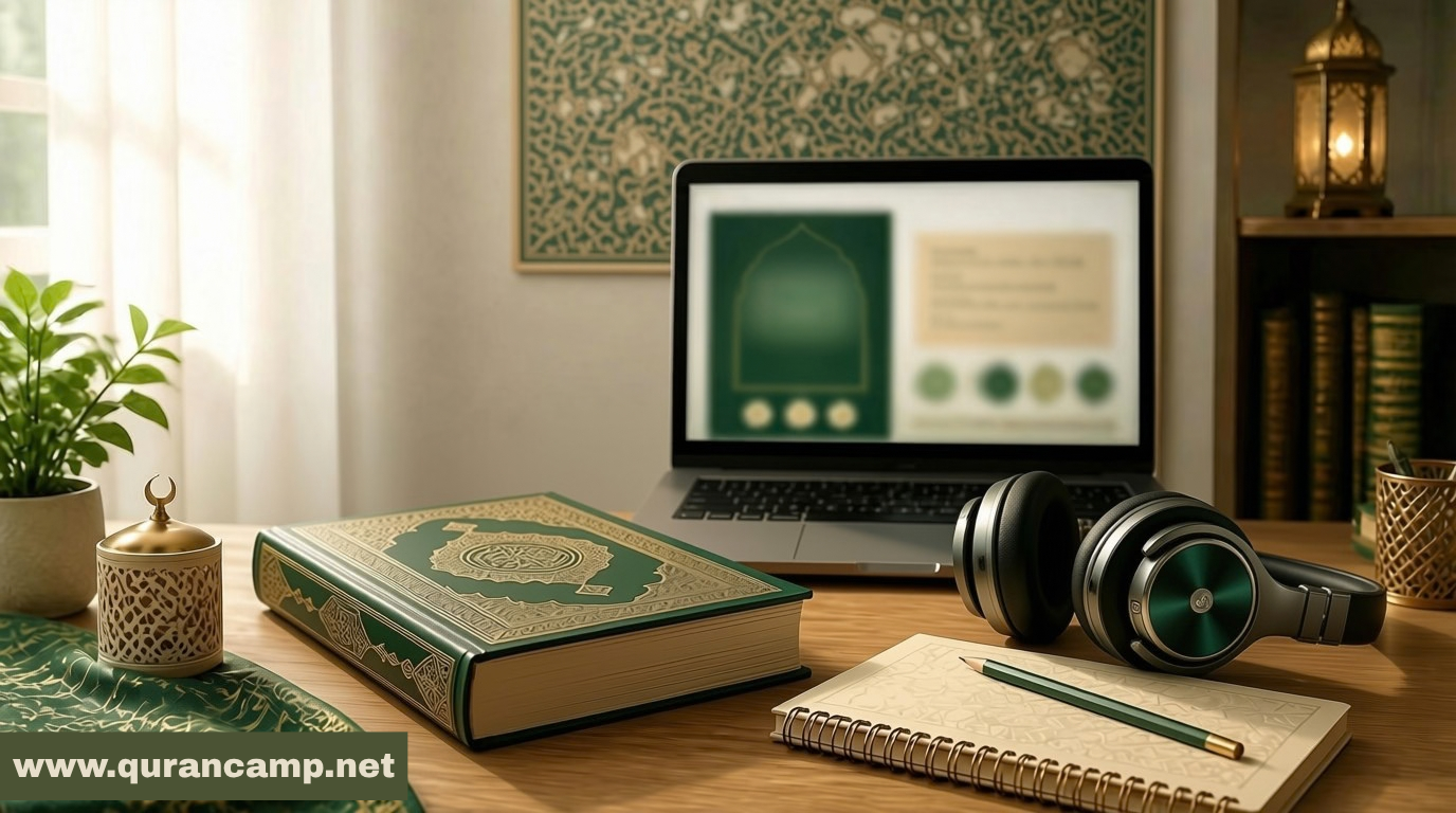 A Quran and laptop representing online Quran learning for children