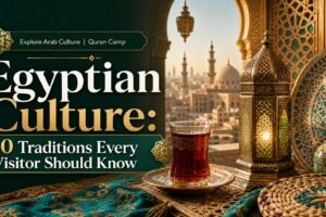 Egyptian culture and traditions featuring traditional lanterns, Egyptian tea, and historic architecture.