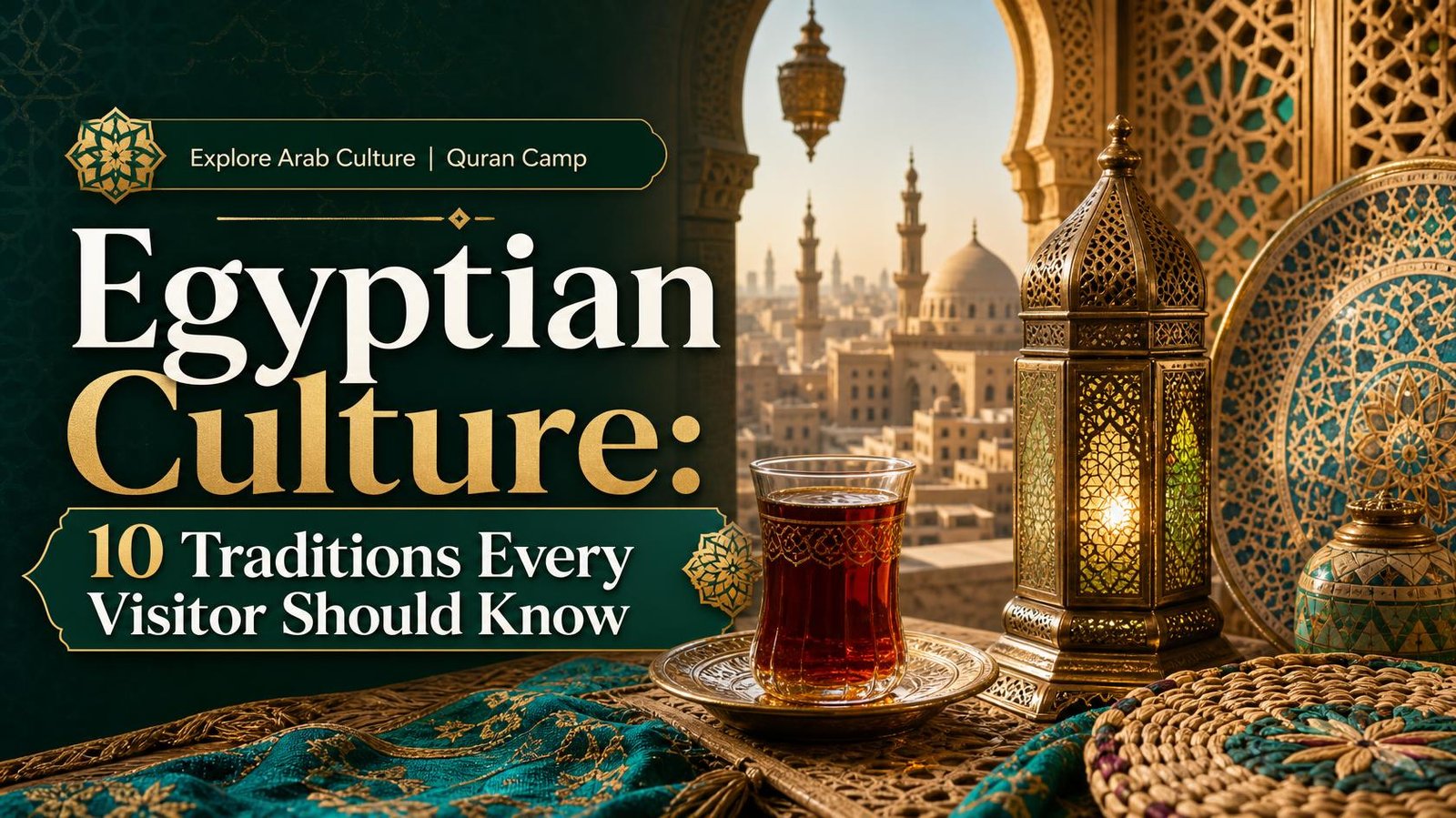 Egyptian culture and traditions featuring traditional lanterns, Egyptian tea, and historic architecture.