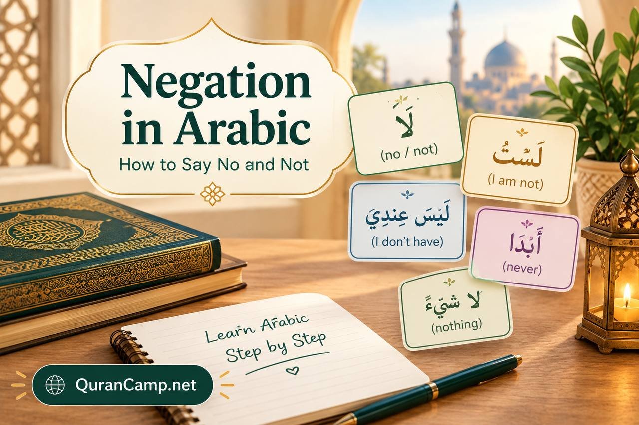 Learn Arabic negation with examples of لا (no), لست (I am not), ليس عندي (I don’t have), أبداً (never), and لا شيء (nothing).