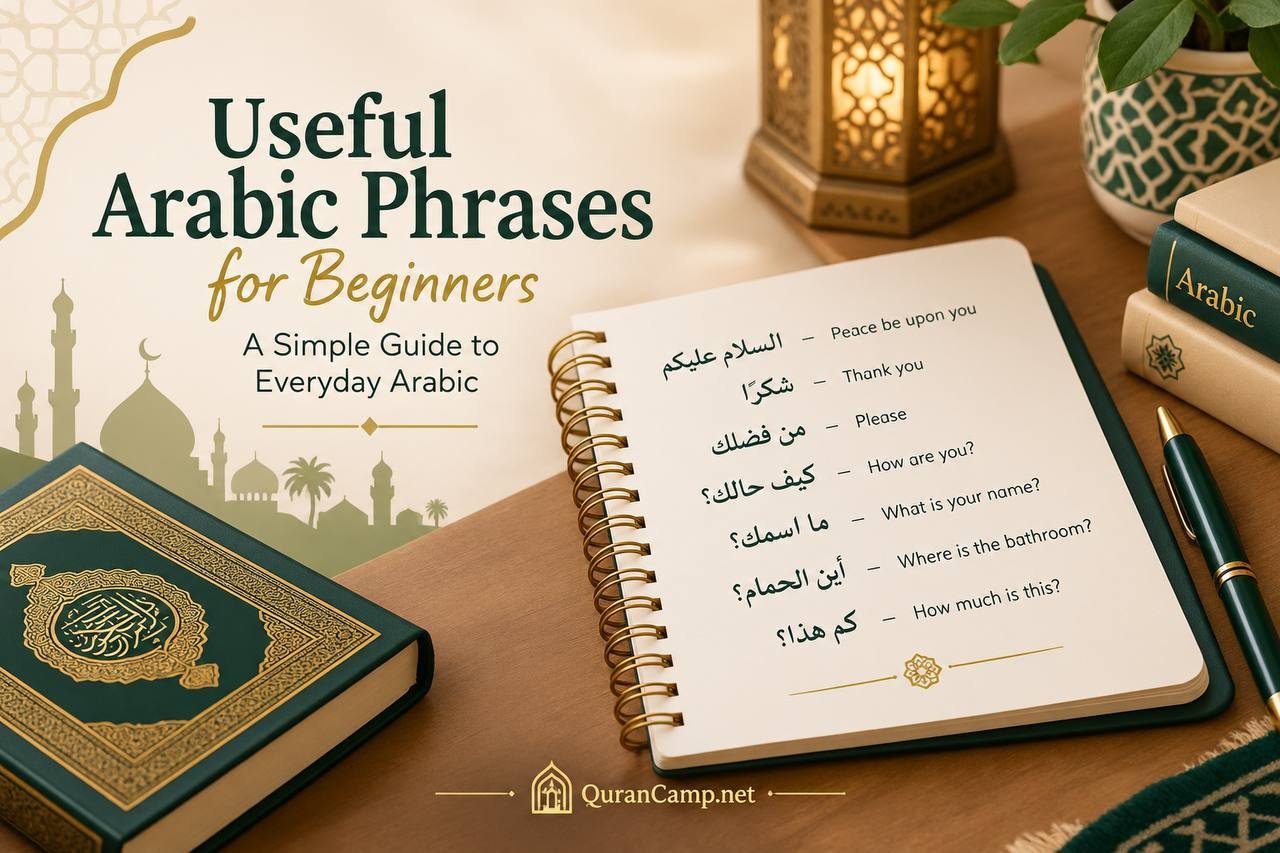Useful Arabic phrases for beginners with English translations, including greetings, thank you, please, and everyday Arabic expressions.